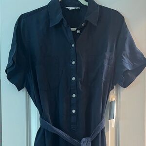 Navy Blue Short Sleeve - Cotton - Maxi dress - Front Tie